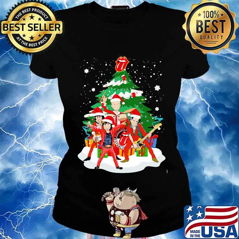 Rolling Stones Band Music Wear Pajama Santa Christmas Tree Merry Xmas Shirt Ladies tee