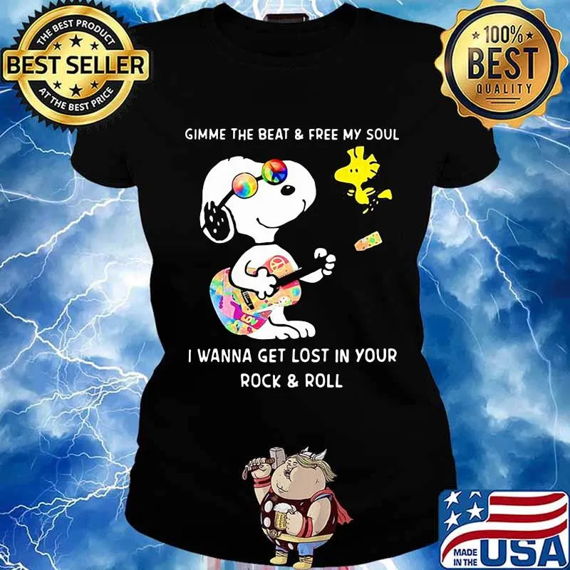 Snoopy and woodstock gimme the beat and free my soul i wanna get lost in your rock and roll shirt riding car 09 09 mk vintage s Ladies tee