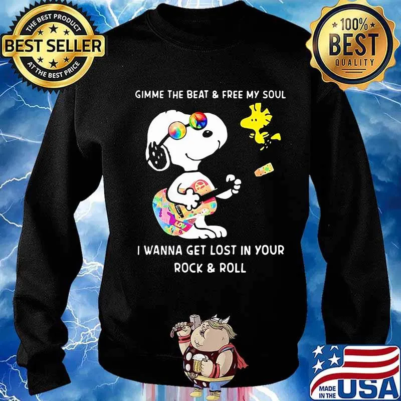 Snoopy and woodstock gimme the beat and free my soul i wanna get lost in your rock and roll shirt riding car 09 09 mk vintage s Sweater