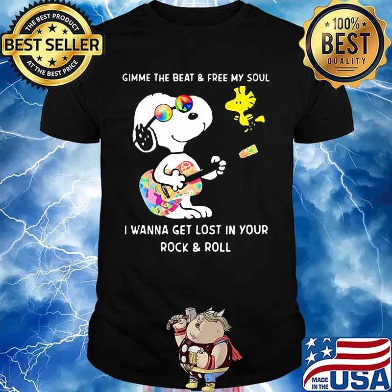 Snoopy and woodstock gimme the beat and free my soul i wanna get lost in your rock and roll shirt riding car 09 09 mk vintage shirt