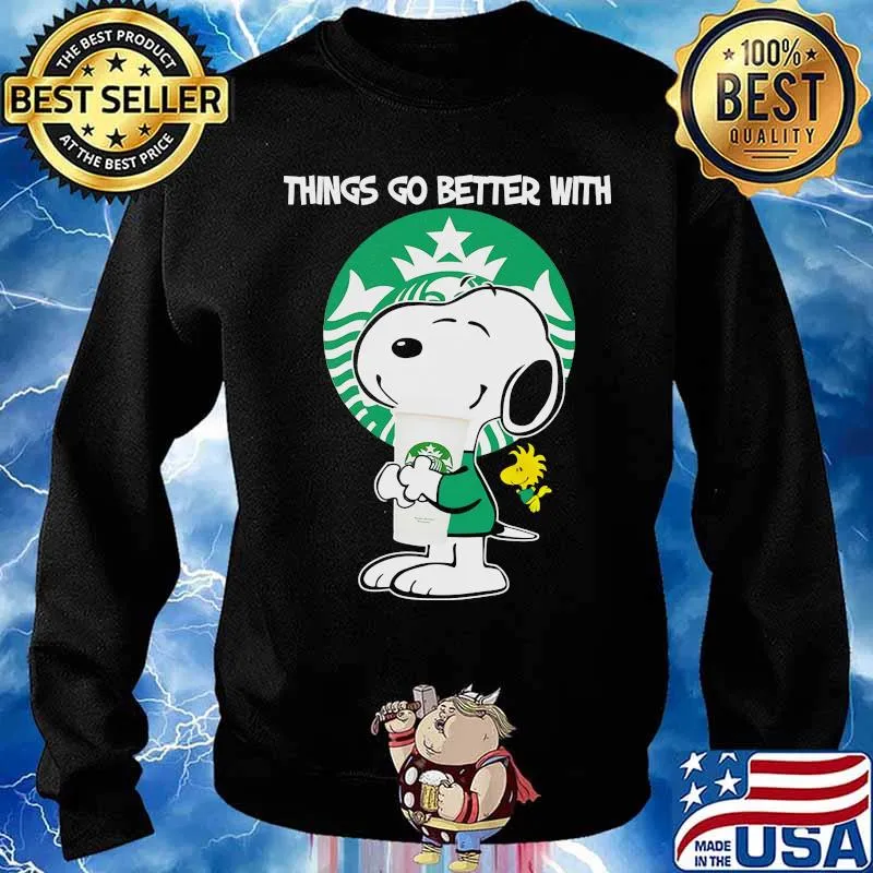 Snoopy and woodstock starbuckey things go better with s Sweater