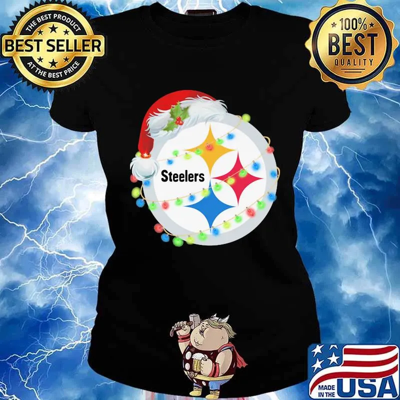 Sparkling Lights Logo Steelers Hat Santa Merry Christmas Shirt Ladies tee
