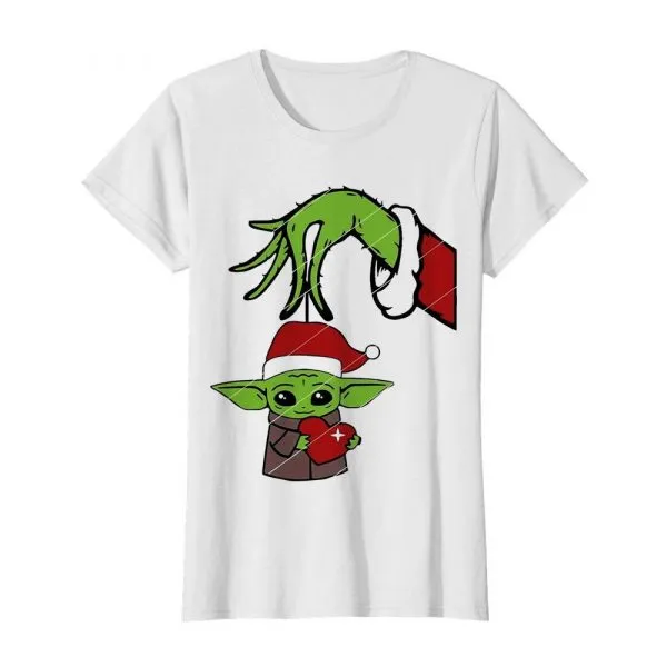 Great Grinch Hand Holding Baby Yoda Hug Heart shirt - Image 3
