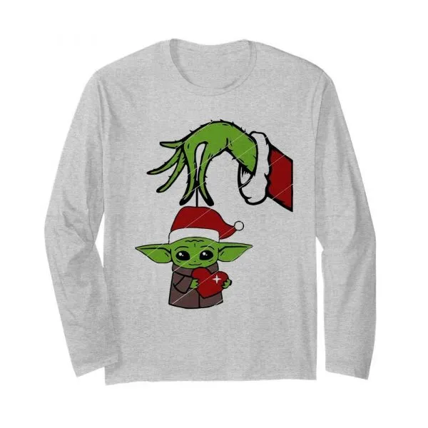 Great Grinch Hand Holding Baby Yoda Hug Heart shirt - Image 4