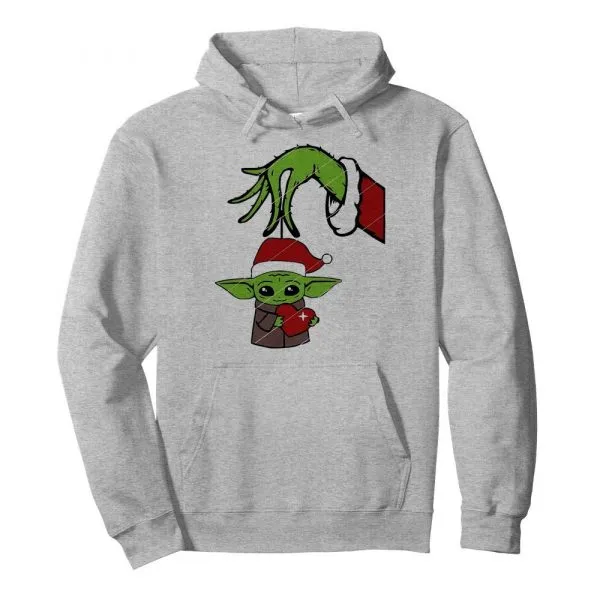 Great Grinch Hand Holding Baby Yoda Hug Heart shirt - Image 6
