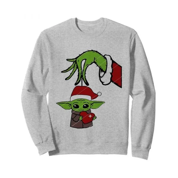 Great Grinch Hand Holding Baby Yoda Hug Heart shirt - Image 5