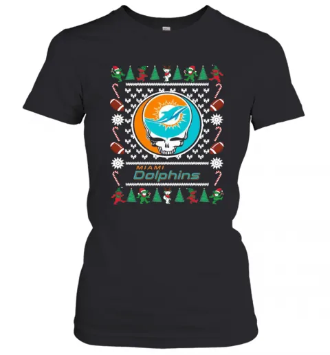 Miami Dolphins Grateful Dead Ugly Christmas T-Shirt Classic Mens T-shirt - Image 3