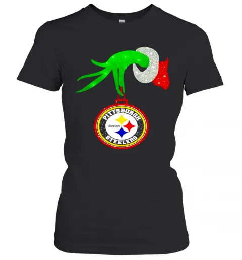 The Grinch Hand Holding Ornament Pittsburgh Steelers Diamond Christmas T-Shirt Classic Mens T-shirt - Image 3