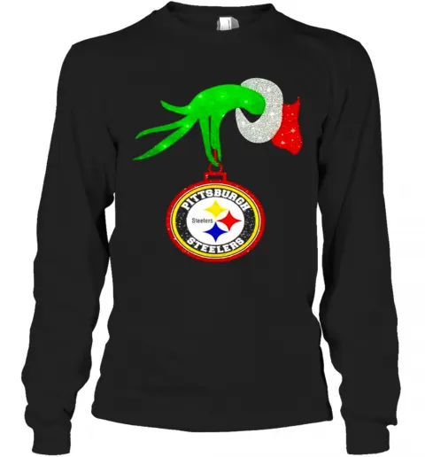 The Grinch Hand Holding Ornament Pittsburgh Steelers Diamond Christmas T-Shirt Classic Mens T-shirt - Image 4
