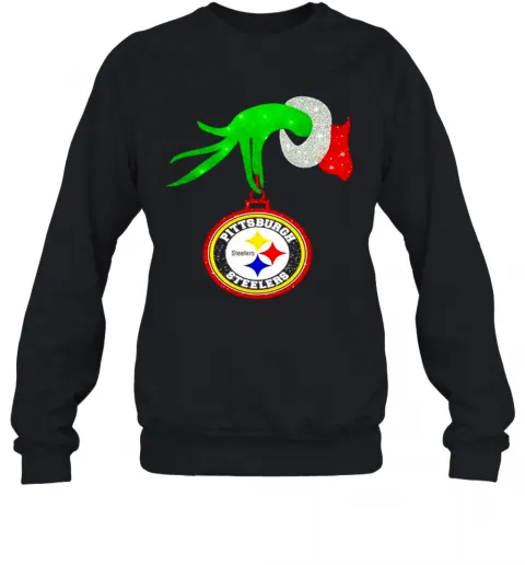 The Grinch Hand Holding Ornament Pittsburgh Steelers Diamond Christmas T-Shirt Classic Mens T-shirt - Image 5