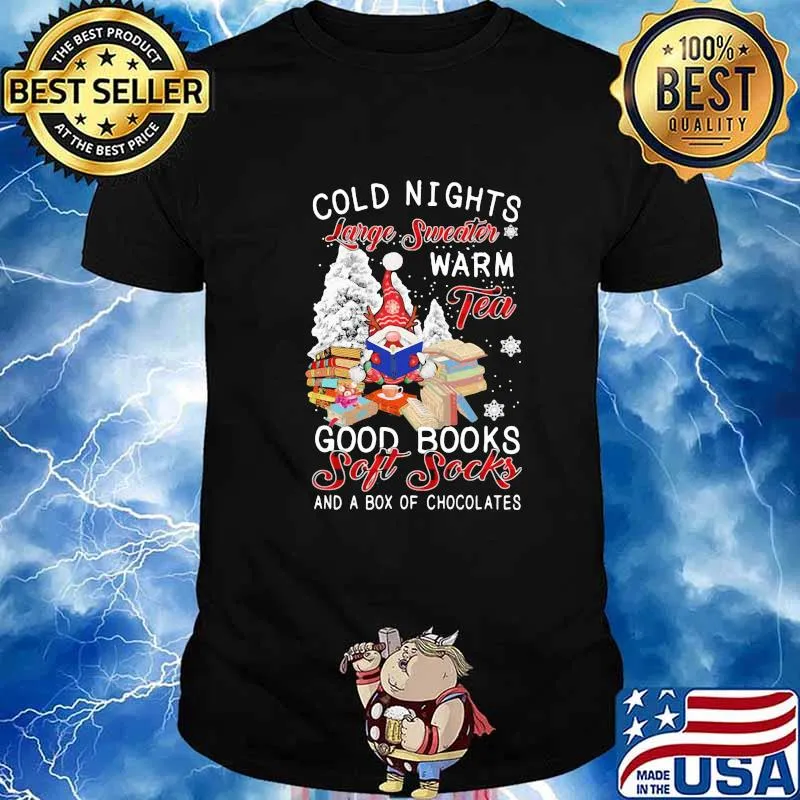 Cold nights large sweater warn tea good book soft socks Christmas shirt