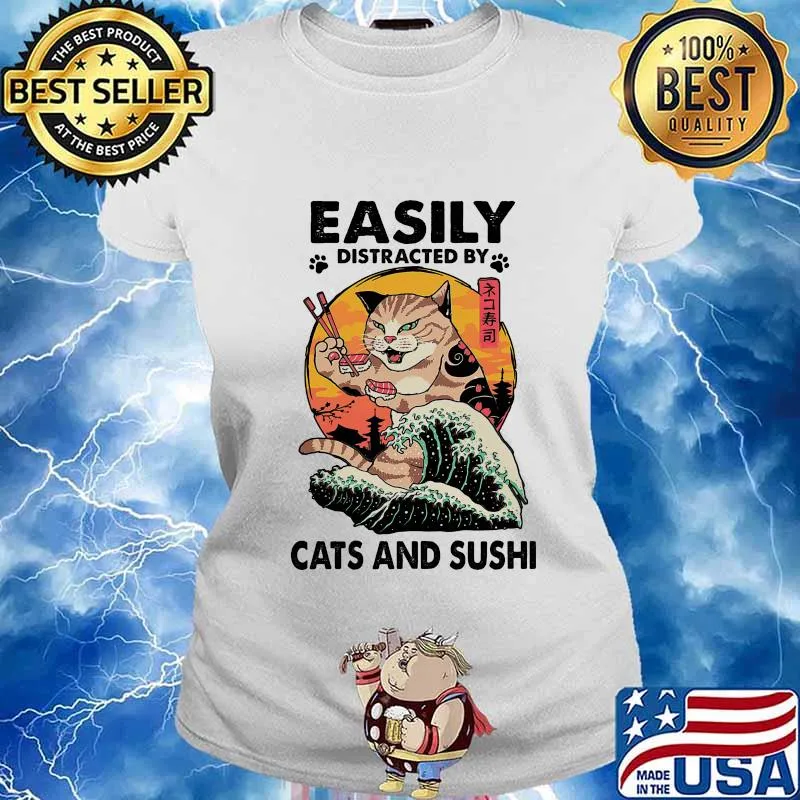 Easily Distracted By Cats And Sushi Neko Sushi Wave Sunset Shirt Ladies tee