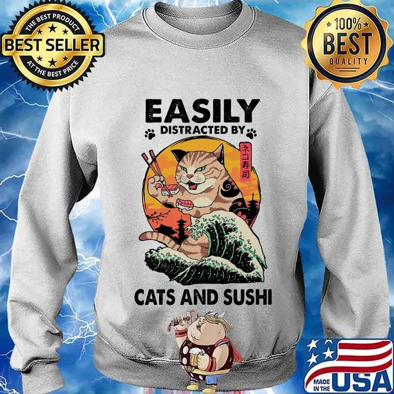 Easily Distracted By Cats And Sushi Neko Sushi Wave Sunset Shirt Sweater