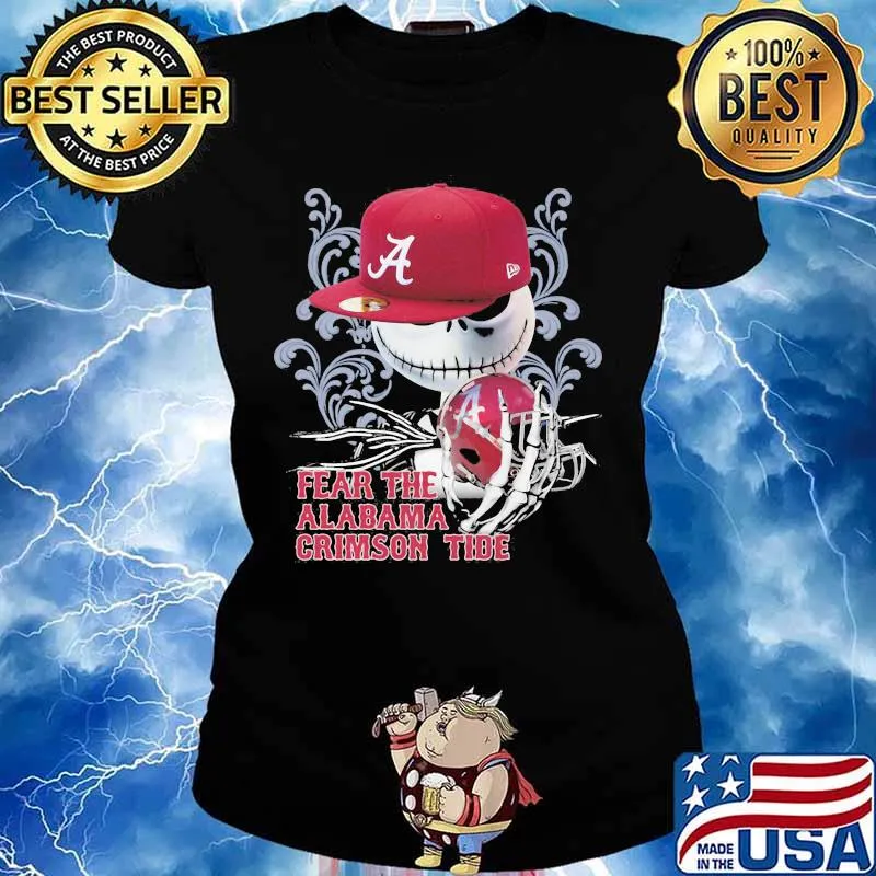 Fear The Alabama Crimson Tide Skull Wear Hat Logo Team Shirt Ladies tee