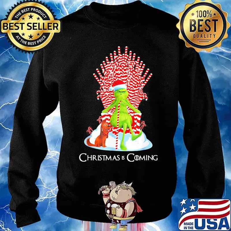 Grinch And Dog Is Coming Candy Cane Throne Xmas Shirt Sweater