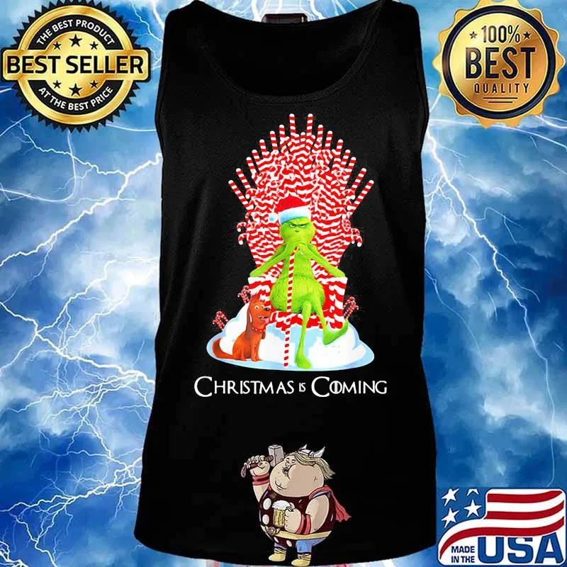 Grinch And Dog Is Coming Candy Cane Throne Xmas Shirt Tank top