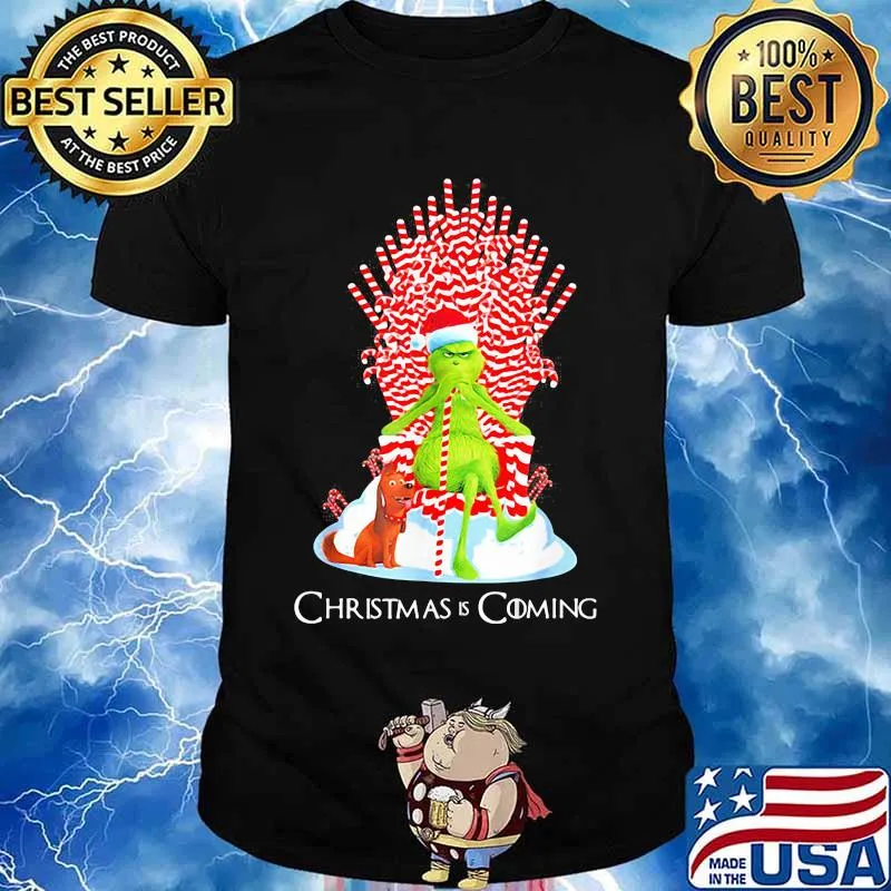 Grinch And Dog Is Coming Candy Cane Throne Xmas Shirt