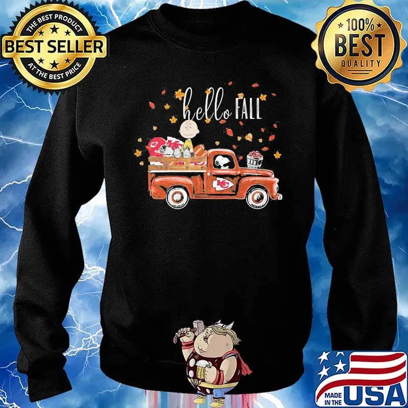 Hello Fall Snoopy Ricing Car Red With Peanuts Kansas City Chiefs Shirt Sweater