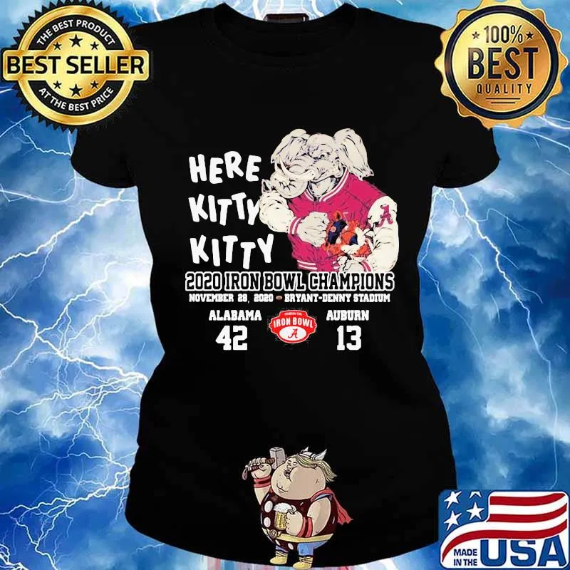 Here Kitty 2020 Iron Bowl Champions Alabama 42 Auburn 13 Elephant Shirt Ladies tee