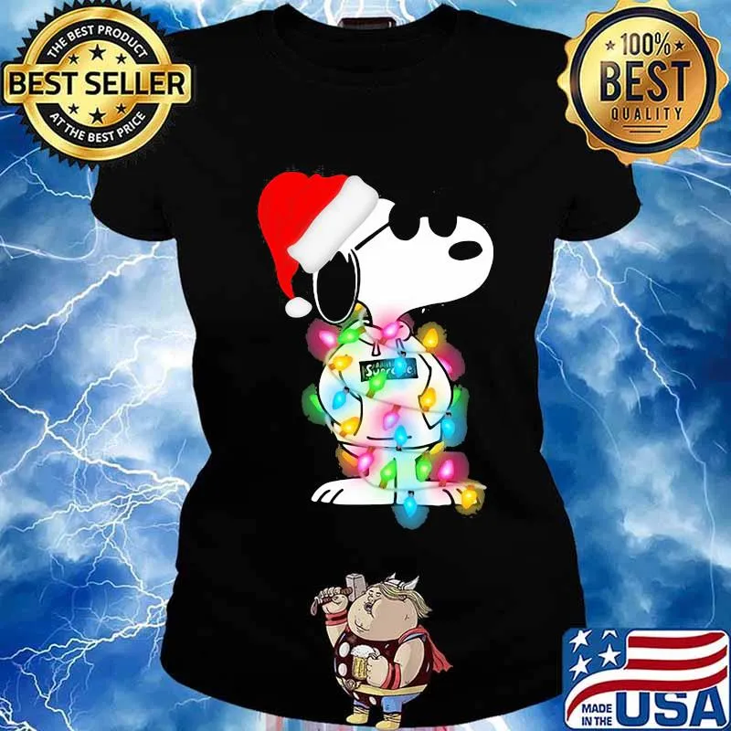 Lights Wrap Around Snoopy Hat Santa Christmas Shirt Ladies tee