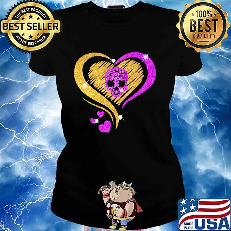 Love Heart Gold Pink Bing Skull Shirt Ladies tee