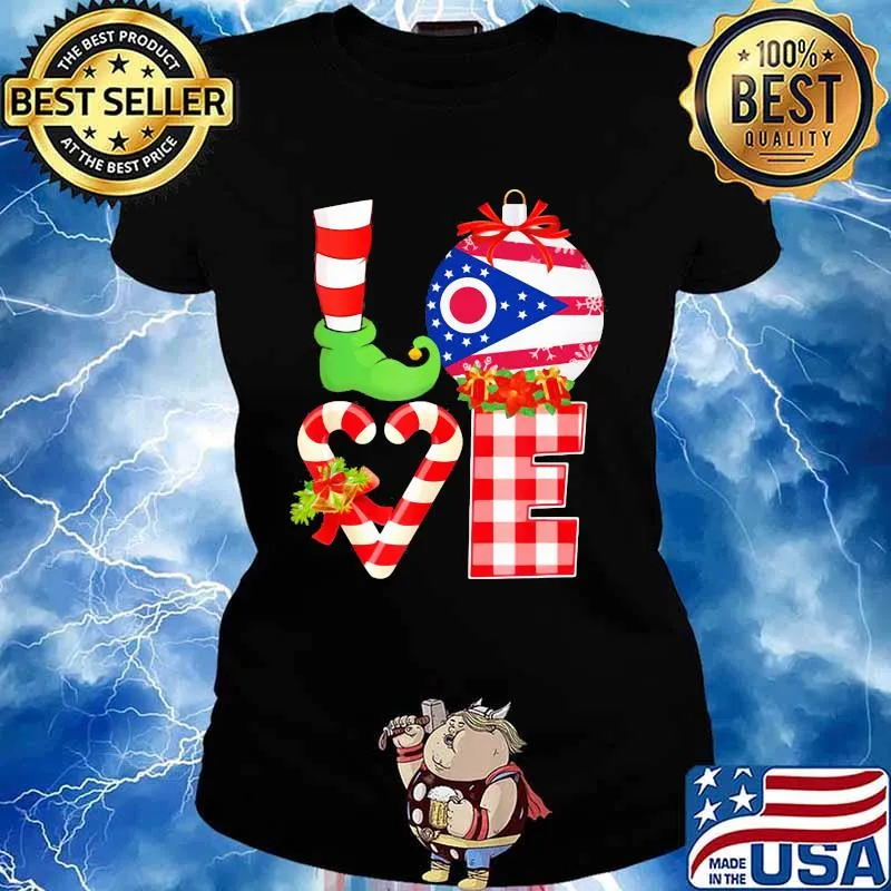 Love Ohio Flag Heart Pajama Elf Christmas Shirt Ladies tee