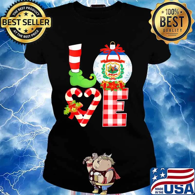 Love State Flag Of West Virginia Heart Pajama Elf Christmas Shirt Ladies tee