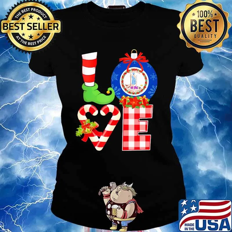 Love Virginia State Flag Stock Heart Pajama Elf Christmas Shirt Ladies tee