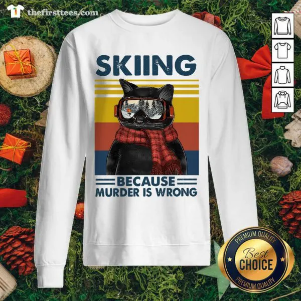 Lovely Black Cat Skiing Because Murder Is Wrong Vintage Retro Shirt - Image 2