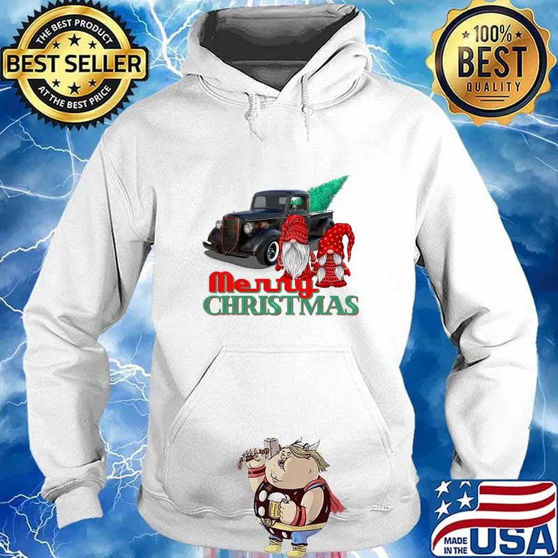 Merry Christmas Gnome Couple Old Pickup Truck Hotrod Holiday Shirt Hoodie