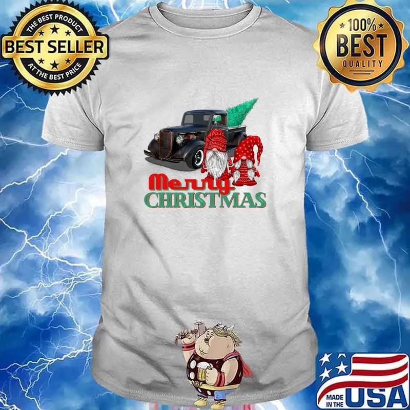 Merry Christmas Gnome Couple Old Pickup Truck Hotrod Holiday Shirt