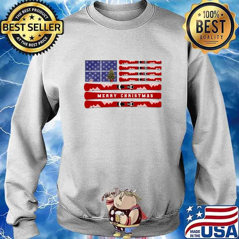 Merry Christmas Skis And Snow Usa Flag Navy Background Shirt Sweater