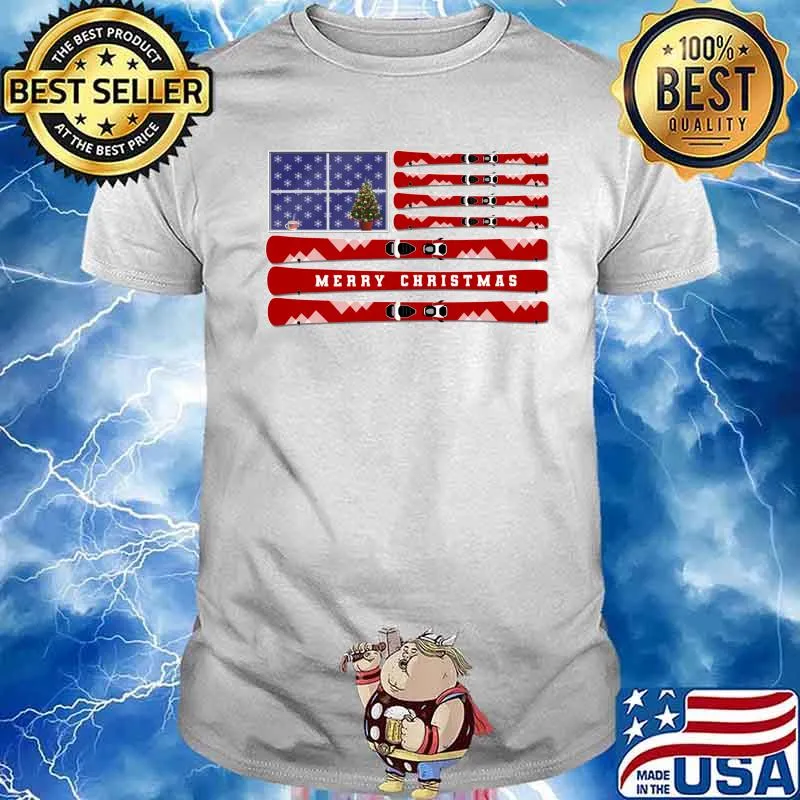 Merry Christmas Skis And Snow Usa Flag Navy Background Shirt