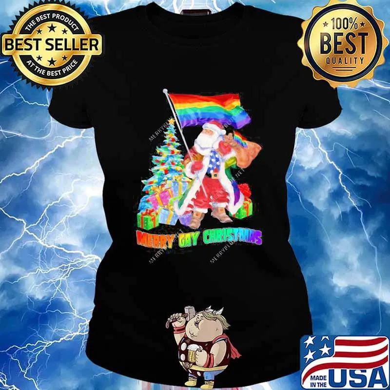 Merry Gay Christmas Santa Claus LGBT Flag Xmas Shirt Ladies tee