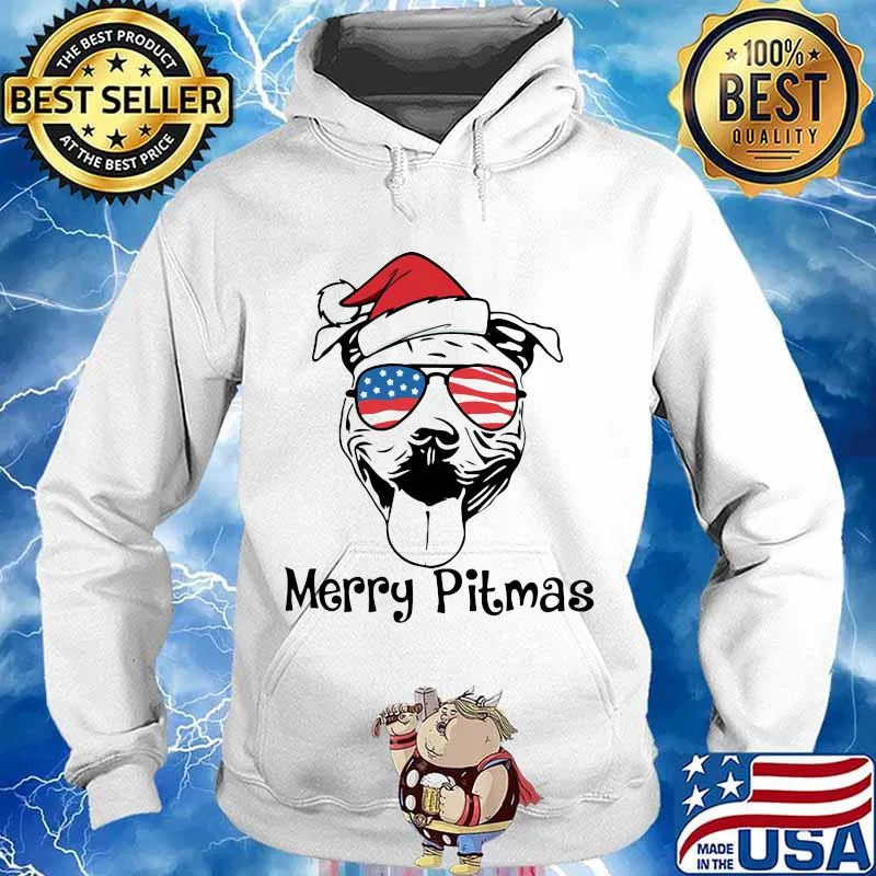 Merry Pitmas Dog Wear Hat Santa Claus With Sunglasses American Flag Shirt Hoodie