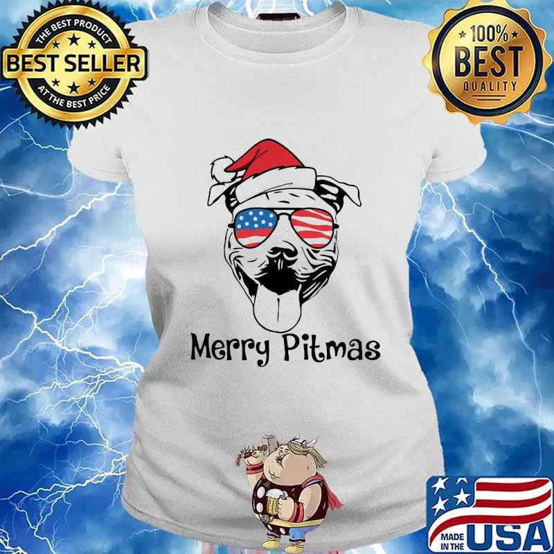 Merry Pitmas Dog Wear Hat Santa Claus With Sunglasses American Flag Shirt Ladies tee