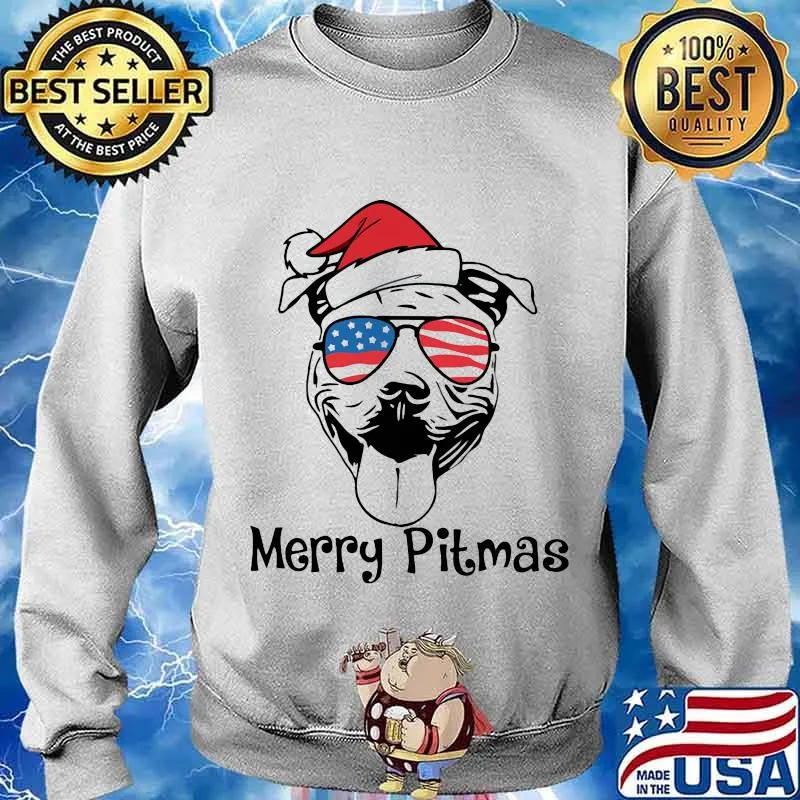 Merry Pitmas Dog Wear Hat Santa Claus With Sunglasses American Flag Shirt Sweater