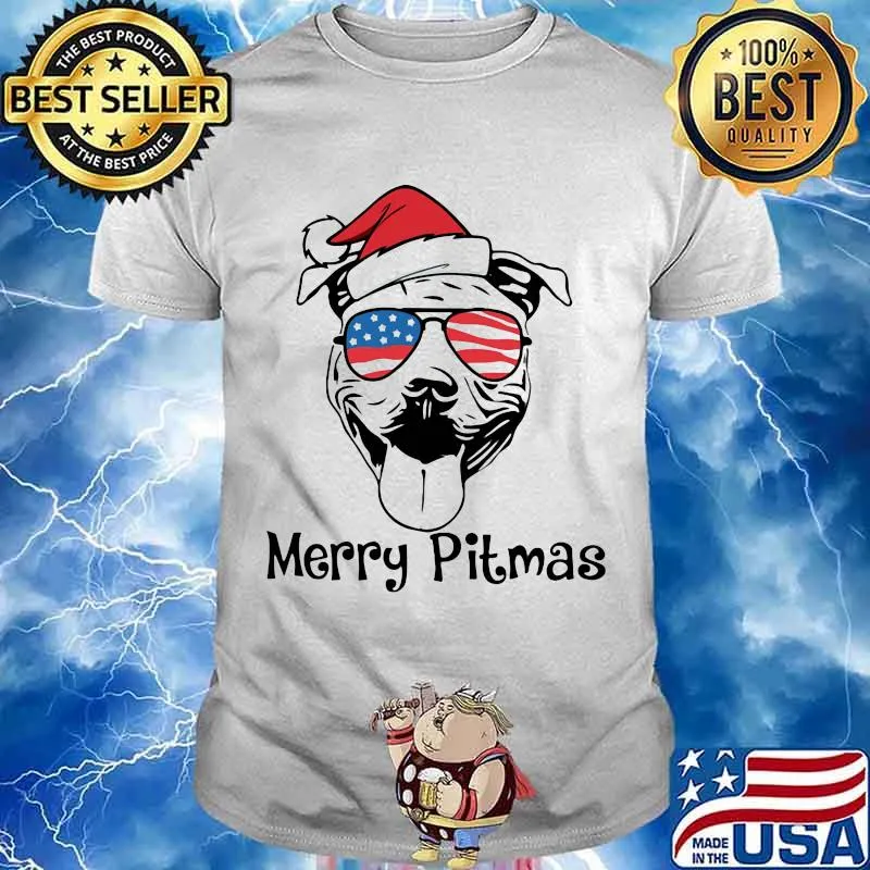 Merry Pitmas Dog Wear Hat Santa Claus With Sunglasses American Flag Shirt