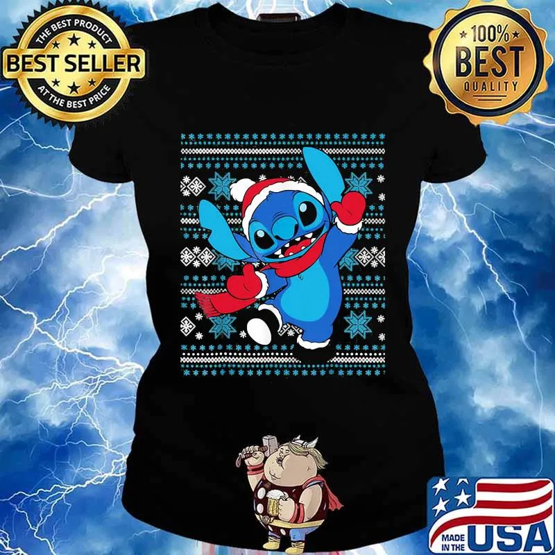 Official Stitch Wear Pajama Watching Santa Xmas Shirt Ladies tee