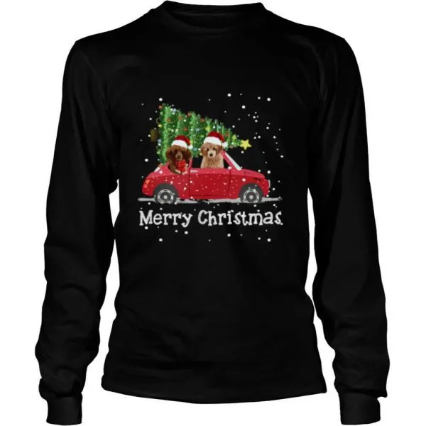 Oodle Red Car Truck Christmas Tree Santa Xmas Dog Merry Christmas Poodle Dog shirt - Image 3