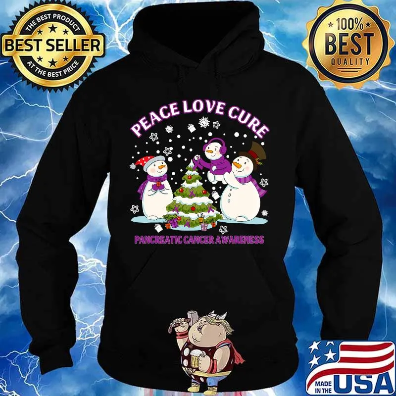 Peace Love Cure Pancreatic Cancer Awareness Snowman Christmas Shirt Hoodie