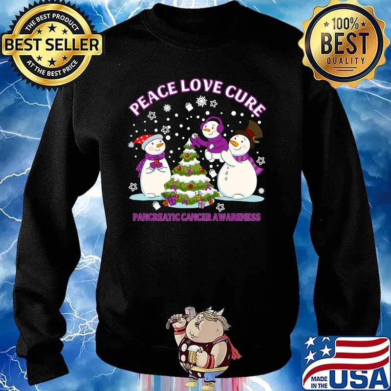 Peace Love Cure Pancreatic Cancer Awareness Snowman Christmas Shirt Sweater