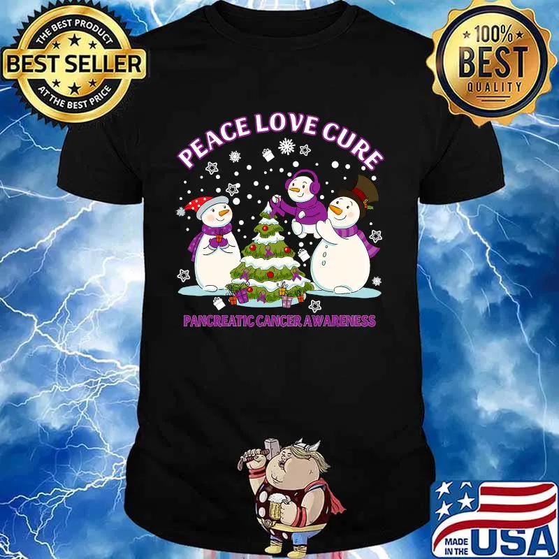 Peace Love Cure Pancreatic Cancer Awareness Snowman Christmas Shirt