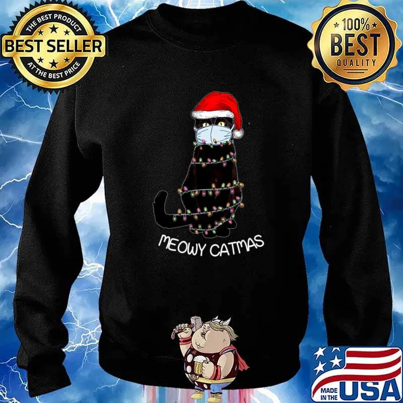 Santa Black Cat Mask Meowy Catmas Christmas Quarantine Shirt Sweater