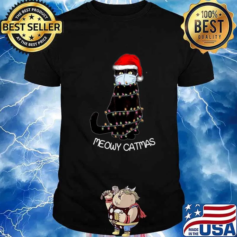 Santa Black Cat Mask Meowy Catmas Christmas Quarantine Shirt