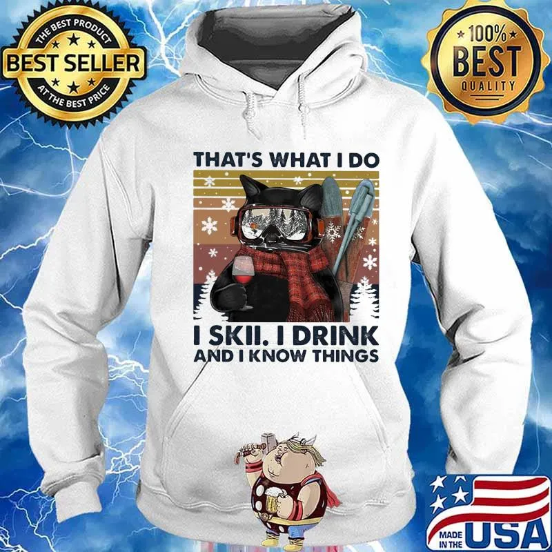 Skiing Cat Retro Navy That's What I Do I skii I drink and I know things vintage s Hoodie