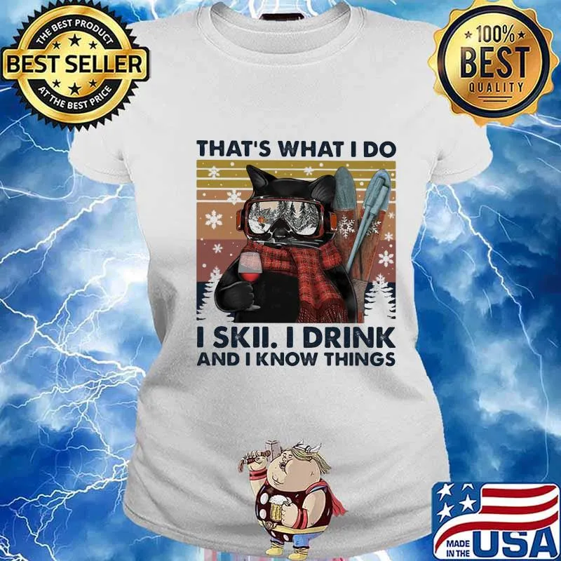 Skiing Cat Retro Navy That's What I Do I skii I drink and I know things vintage s Ladies tee