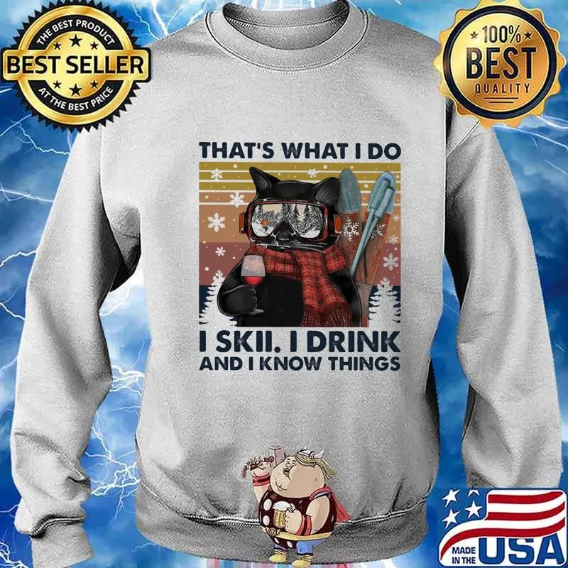 Skiing Cat Retro Navy That's What I Do I skii I drink and I know things vintage s Sweater