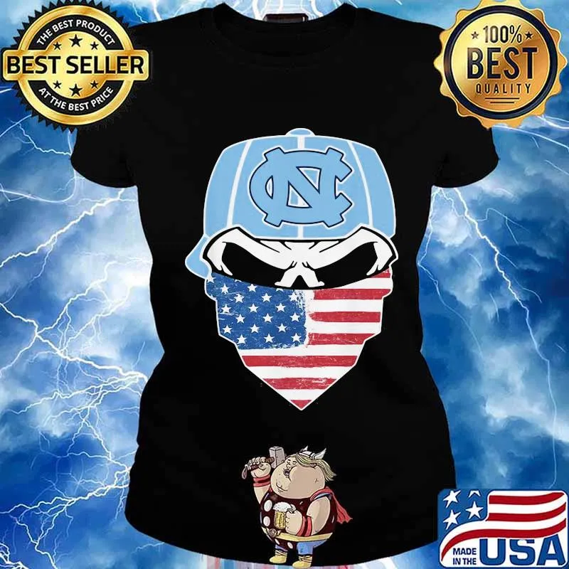 Skull Wear Hat North Carolina Tar Heels Football Mask American Flag Shirt Ladies tee