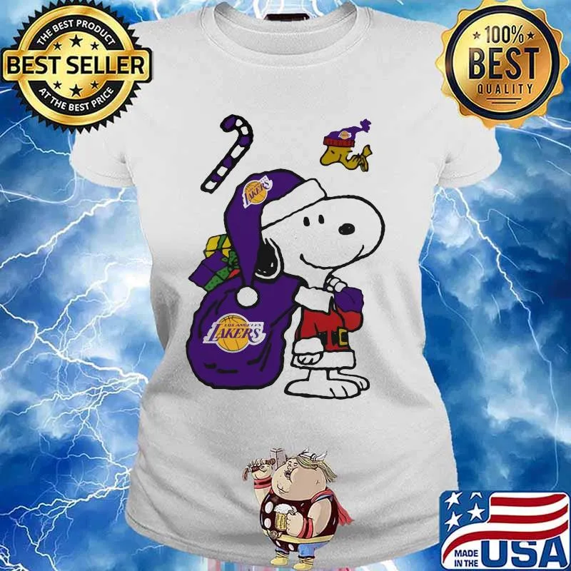 Snoopy And Woodstock Football Los Angeles Laker Santa Claus Xmas Shirt Ladies tee
